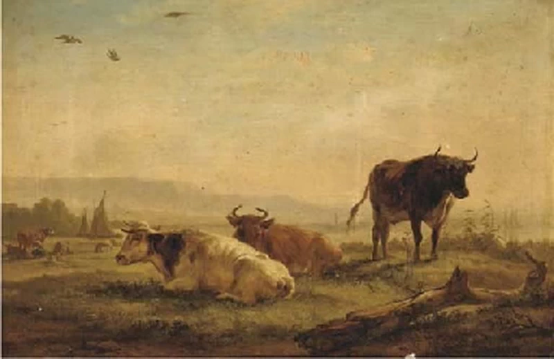 Balthasar Ommeganck - Un paesaggio con bestiame sulla riva di un fiume